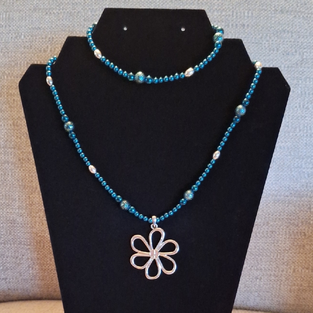 Blue & Silver Beaded Necklace & Bracelet Set with Silver Flower Pendant